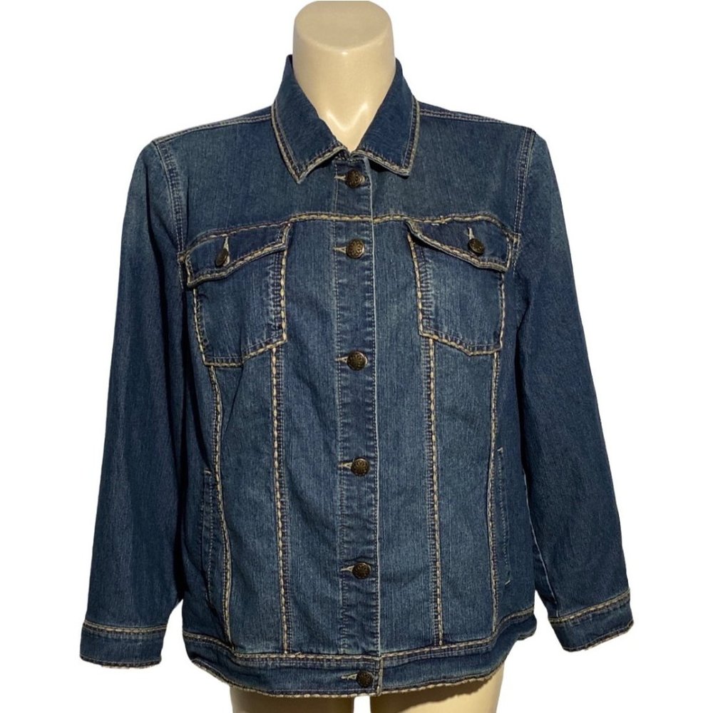 Catherines Jean Jacket 0X Denim Blue Beige Stitching Pockets Button Down Cute